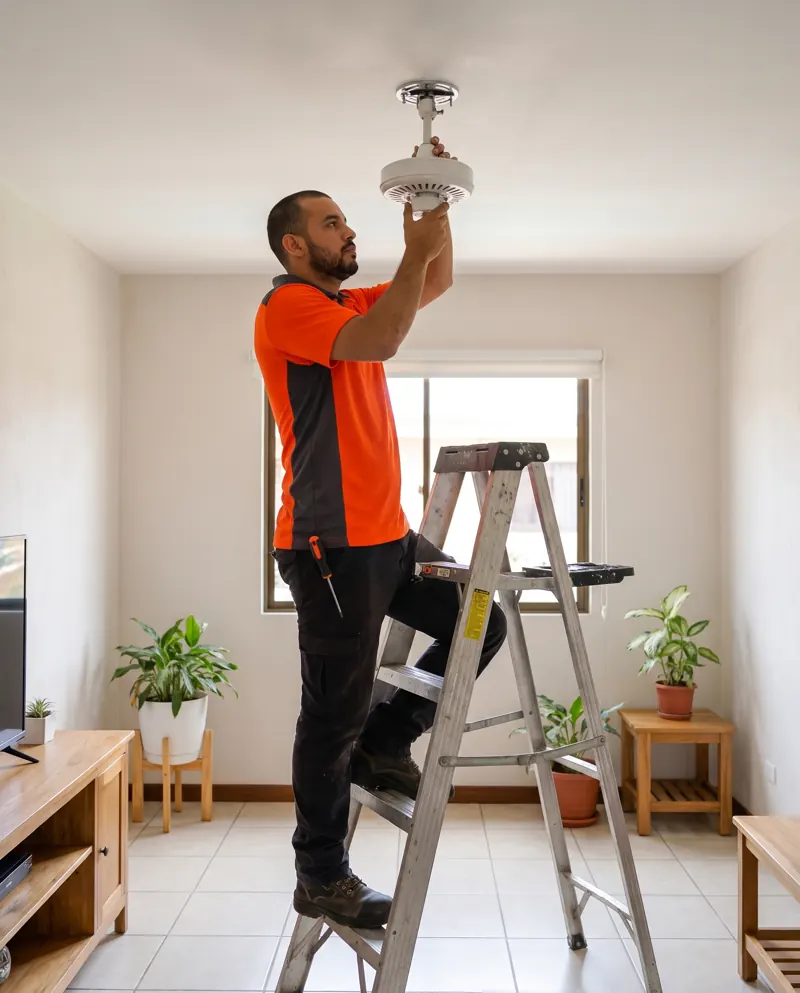Técnico en una escalera instalando un abanico de techo