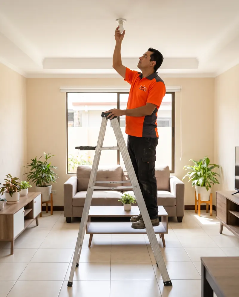 Técnico en una escalera cambiando un bombillo del techo