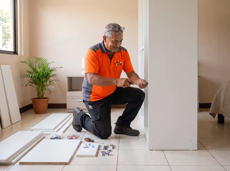 Técnico armando un ropero blanco en un cuarto