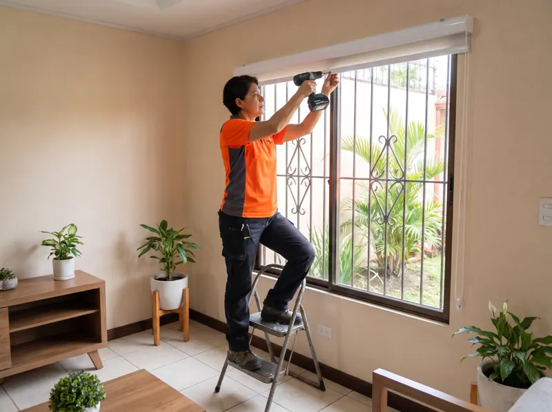 Técnica instalando una persiana sobre una ventana con taladro