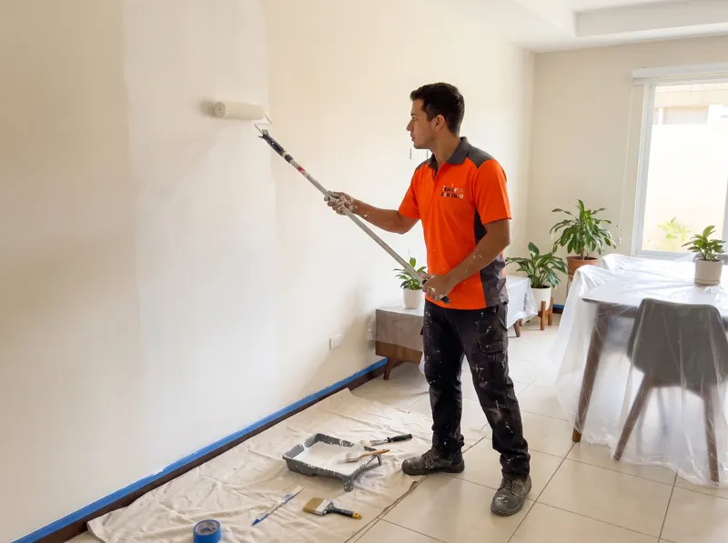 Técnico pintando la pared de una sala con rodillo