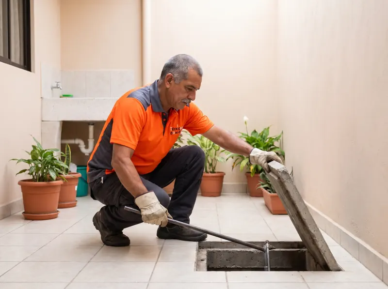 Técnico abriendo la tapa de una caja de registro en el cuarto de pilas