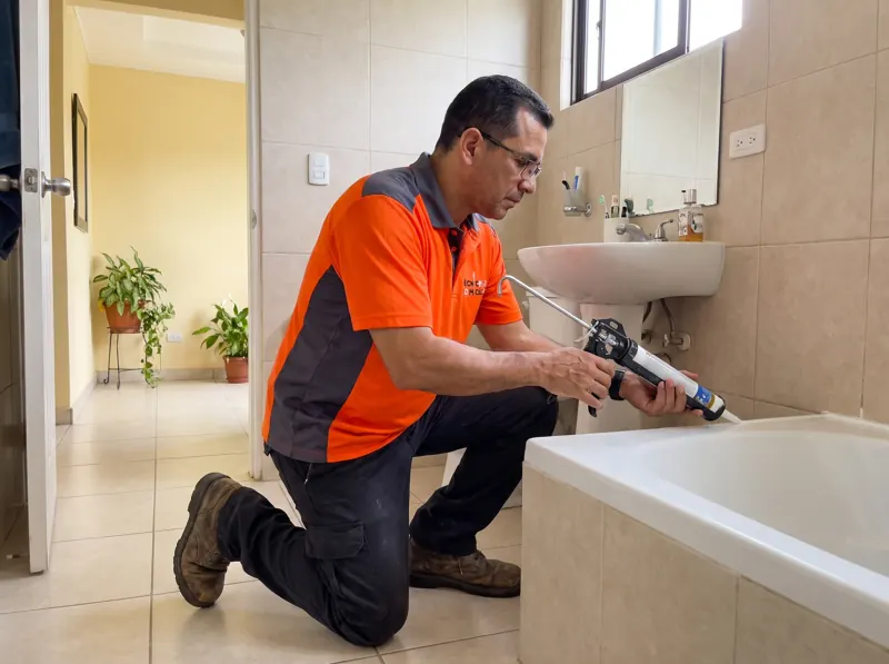 Técnico sellando con silicón el borde de una tina