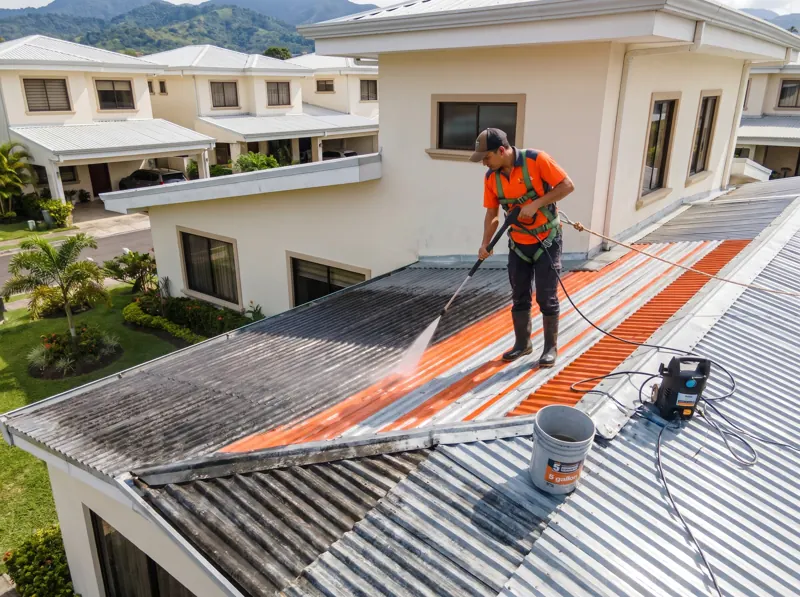 Técnico lavando con hidrolavadora un techo de zinc con hongo en un condominio