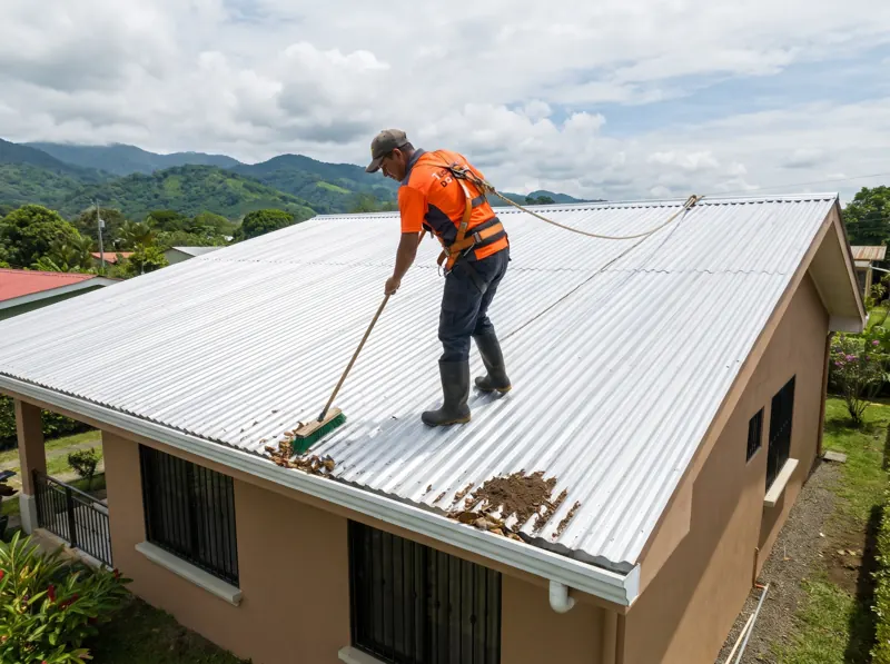Técnico barriendo las hojas de un techo de zinc antes de pintarlo