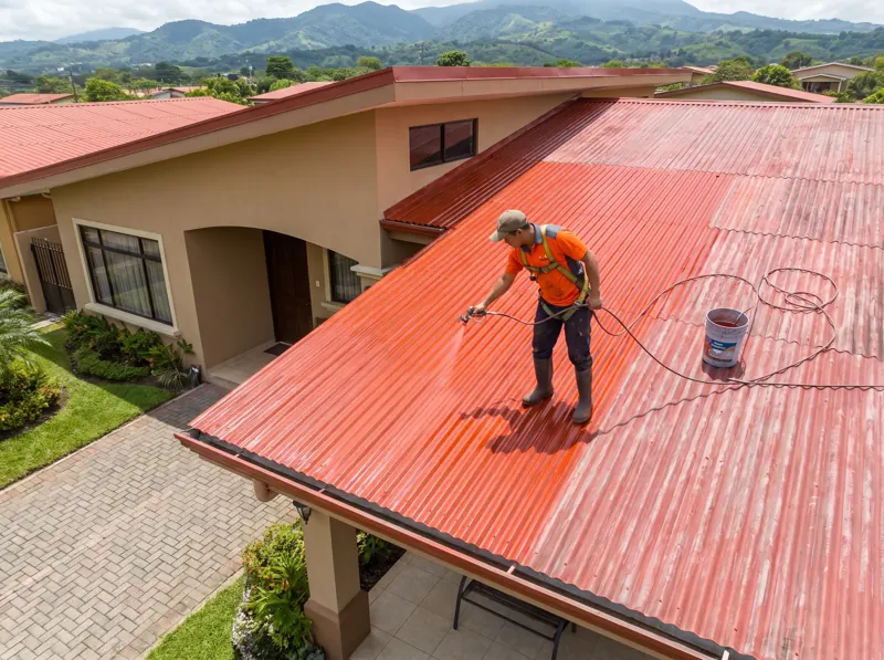 Técnico con arnés pintando de rojo un techo de láminas de zinc con pistola y compresor