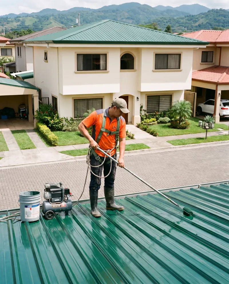 Técnico pintando de verde con rodillo un techo de zinc, con el compresor a un lado