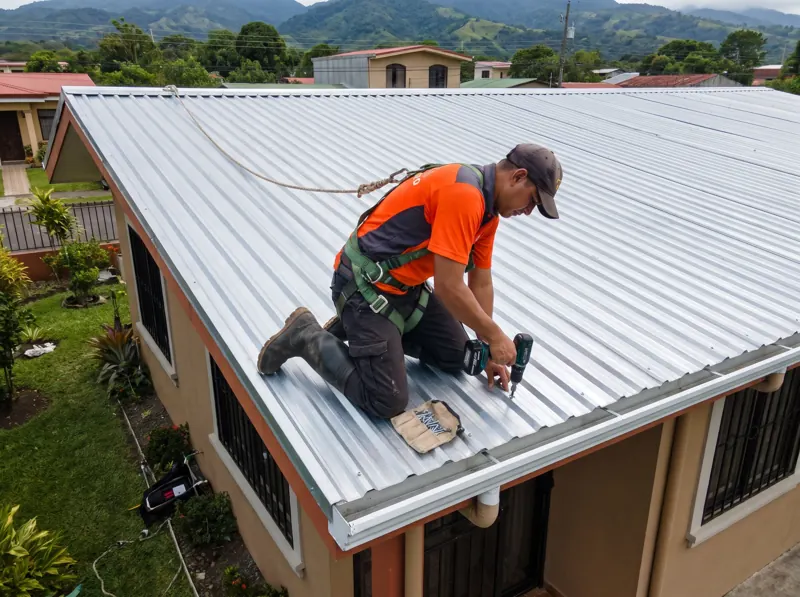 Técnico cambiando los tornillos de un techo de zinc con taladro