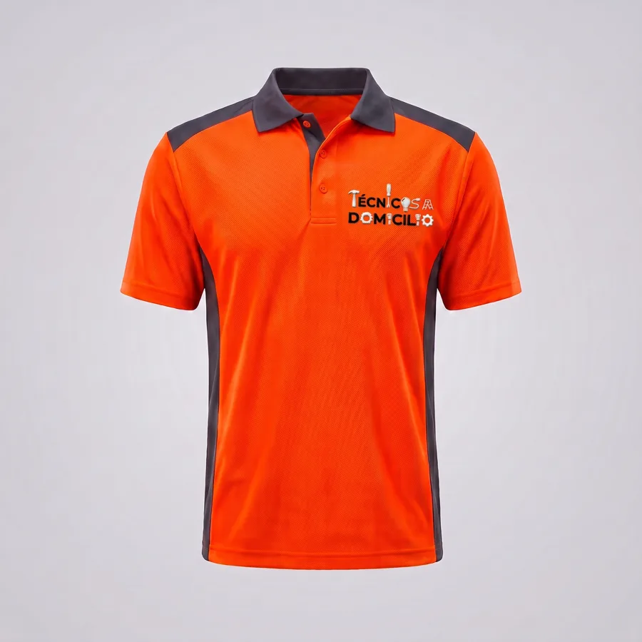 Camisa polo naranja con gris y el logo de Técnicos a Domicilio bordado